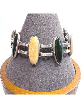 Sterling Silver 925 Green & Yellow Gemstone Bezel Set Chain Bracelet Size 7.5"